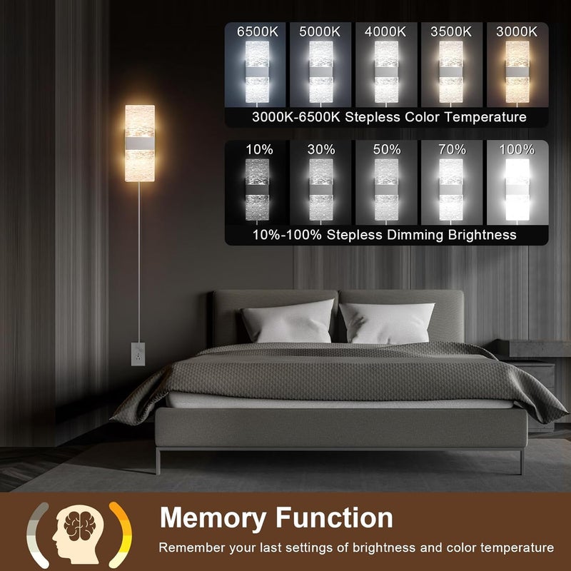 GOODATE Plug in Wall Sconces with Adjustable 3000K-6500K Colors & 10%-100% Brightness, Sconces Wall Decor Set of 2 with Remote Control, 12W Acrylic LED Plug in Wall Light (1 Pack, Corrugated Finish) - Image 2